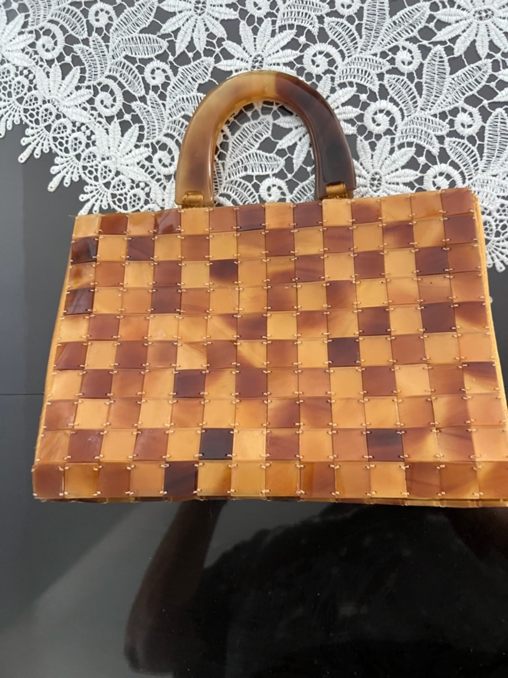 Women's Woven Tortoiseshell-Pattern Handbag - Brown